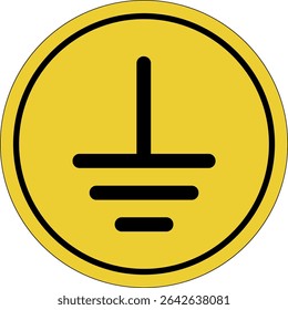 Grounding. Electrical grounding. Yellow circle sticker. Warning icon. Sign yellow. Circle label.