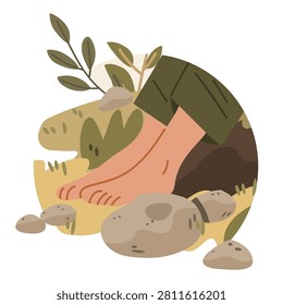 Grounding technique barefoot on earth nature calming scene with foot touching grass rocks plants earthy tones wellness concept template