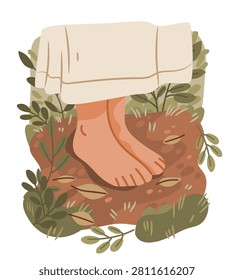 Grounding technique barefoot on earth mental wellness calming nature scene feet touching soil surrounded by green plants soft colors