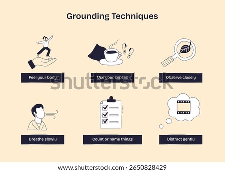 Grounding techniques are illustrated with doodles showing body awareness, sensory use, and mindful observation. Doodle style diagram