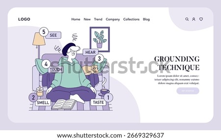 Grounding techniques illustrated through sensory steps with labeled elements like touch, smell, and sight. A person relaxes on a sofa next to a cat for calming practice.