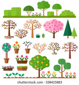 Grounds, Soil and Grass. Blooming plant in flower pot. Tree without leaves on white background. Set of flat trees. Vector illustration.