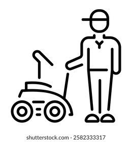 Groundskeeper with lawn mower icon in linear style 