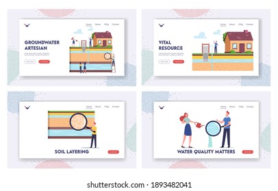 Groundwater or Artesian Water Extraction Landing Page Template Set. Characters with Magnifying Glass Presenting Well Drilling Aquifer, Earth Layers Cross Section. Cartoon People Vector Illustration