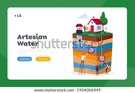 Groundwater or Artesian Water Extraction Landing Page Template. Characters with Magnifying Glass Presenting Well Drilling with Aquifer, Earth Layers Cross Section. Cartoon People Vector Illustration