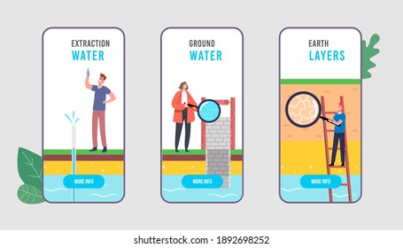 Groundwater or Artesian Water Extraction Mobile App Page Onboard Screen Template. Tiny Characters with Magnifying Glass Presenting Well Drilling Diagram Concept. Cartoon People Vector Illustration