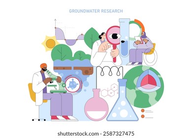 Groundwater Research concept. Focus on the importance of studying groundwater resources and their sustainability. Scientists analyze data, conduct experiments, and explore environmental impacts to