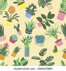 groundwort, echeveria, spathiphyllum, aloe and haworthia, guzmania and dieffenbachia, sansevieria, houseplant - vector illustration, vector seamless pattern on yellow background