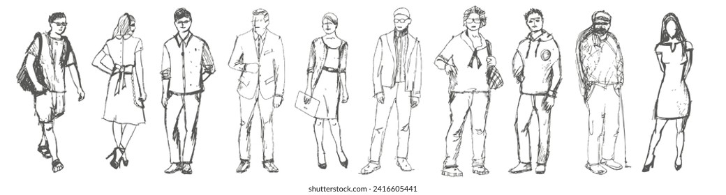 Group of 10 different adults, pencil sketch people. Hand drawn human figures. Flat vector illustration isolated on white background.