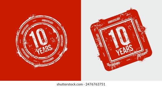 Group of 10th anniversary logos drawn as stamps, red frames for celebration. Grunge rubber stamp texture. Holiday stamps. Collection of postage stamps. Vector round and rectangular stamps