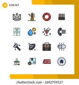 Group of 16 Flat Color Filled Lines Signs and Symbols for shirt; cotton; temperature; cosmetic; beauty Editable Creative Vector Design Elements