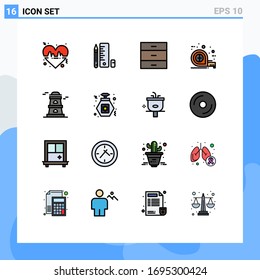 Group of 16 Flat Color Filled Lines Signs and Symbols for tower; scale; cabinet; tool; measuring Editable Creative Vector Design Elements