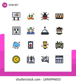 Group of 16 Flat Color Filled Lines Signs and Symbols for socket; wagon; flower; vehicle; nature Editable Creative Vector Design Elements