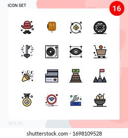 Group of 16 Flat Color Filled Lines Signs and Symbols for devices; money; leaf; key; wheel Editable Creative Vector Design Elements