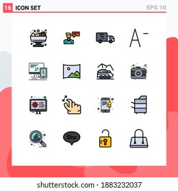 Group of 16 Flat Color Filled Lines Signs and Symbols for cell; monitor; delivery; computer; decrease Editable Creative Vector Design Elements
