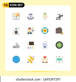 Group of 16 Flat Colors Signs and Symbols for bulb; help; food; helicopter; emergency Editable Pack of Creative Vector Design Elements