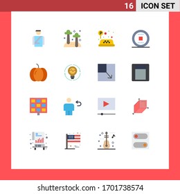 Group of 16 Flat Colors Signs and Symbols for pumpkin; food; sign; track; media Editable Pack of Creative Vector Design Elements