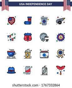 Grupo de 16 líneas llenas planas fijadas para el Día de la Independencia de los Estados Unidos de América, como por ejemplo el partido; accesorios; bebida; americano; elementos de diseño de vectores de USA Day editable por guerra