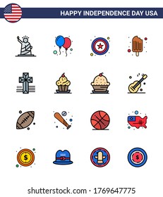 Group of 16 Flat Filled Lines Set for Independence day of United States of America such as cross; ice cream; party; food; cold Editable USA Day Vector Design Elements