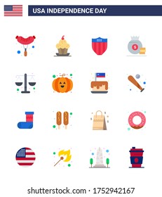 Grupo de los 16 Flats para el Día de la Independencia de los Estados Unidos de América, como la justicia; americano; americano; dinero; elementos de diseño de vectores de USA Day editable en dólares