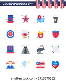 Group of 16 Flats Set for Independence day of United States of America such as american; limonade; map; american; location pin Editable USA Day Vector Design Elements