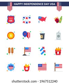 Group of 16 Flats Set for Independence day of United States of America such as money; american; garland; frise; usa Editable USA Day Vector Design Elements