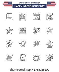 Grupo de 16 Líneas Fijadas para el Día de la Independencia de los Estados Unidos de América, como las tierras de cultivo; decoración; entrada; accesorios; elementos de diseño de vectores de día editables para USA Day