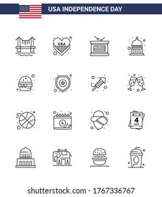 Group of 16 Lines Set for Independence day of United States of America such as fast; usa; drum; statehouse; indiana Editable USA Day Vector Design Elements