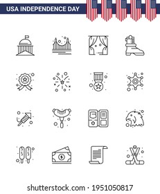 Grupo de las 16 líneas fijadas para el Día de la Independencia de los Estados Unidos de América, como la insignia; arranque; punto de referencia; de la ducha; elementos de diseño de vectores para el día USA editables por teatro