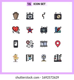 Group of 16 Modern Flat Color Filled Lines Set for care; music; drill; media; well Editable Creative Vector Design Elements