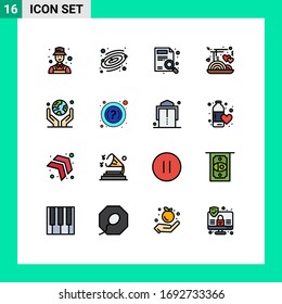 Group of 16 Modern Flat Color Filled Lines Set for human hand; environment; magnifier; food love; noodle Editable Creative Vector Design Elements