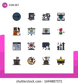 Group of 16 Modern Flat Color Filled Lines Set for kill; assassin; machine; business; internet Editable Creative Vector Design Elements