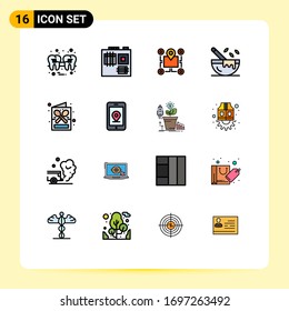 Group of 16 Modern Flat Color Filled Lines Set for coffee; kitchenware; location; cooking; pointer Editable Creative Vector Design Elements