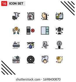 Grupo de 16 modernas líneas llenas de color plano establecidas para el seguro financiero; pluma; conocimiento; gráfico; herramientas de diseño Elementos editables de diseño de vectores creativos