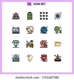 Grupo de 16 modernas líneas llenas de color plano para su comercialización; vídeo; dial; jugador; elementos de diseño de vectores creativos editables en red