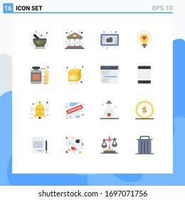 Group of 16 Modern Flat Colors Set for jar; wedding; finance; heart; bulb Editable Pack of Creative Vector Design Elements