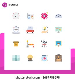 Group of 16 Modern Flat Colors Set for vehicles; watch; flower; stopwatch; performance Editable Pack of Creative Vector Design Elements