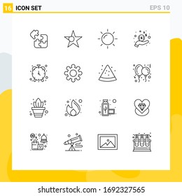 Gruppe von 16 Modern Outlines Set for timeItem; Uhr; Sonne; Alarm, Bearbeitbare Vektorillustration-Design-Elemente