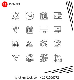 Group of 16 Modern Outlines Set for building; store; multimedia; shop; landmark Editable Vector Design Elements