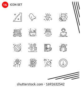 Group of 16 Modern Outlines Set for bowl; books; healthcare; bookcase; fruit Editable Vector Design Elements