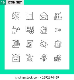 Grupo de 16 líneas de actuación modernas para avatar; tiendas; congelación; frente de tienda; elementos de diseño de vectores editables de edificios