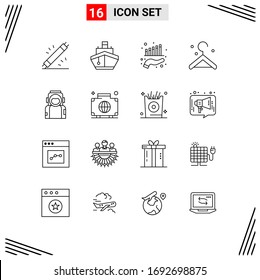 Gruppe von 16 Modern Outlines Set for Space; Hänger; Beförderung; Kleidung; Design-Elemente für bearbeitbare Vektorillustrationen