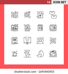 Group of 16 Modern Outlines Set for content; globe; summer; food; hand bag Editable Vector Design Elements