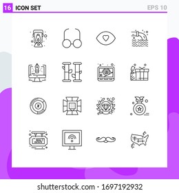 Group of 16 Modern Outlines Set for comuter; pen; face; sewage; pollution Editable Vector Design Elements