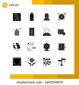 Group of 16 Modern Solid Glyphs Set for fruit; target; power; profit; rip Editable Vector Design Elements