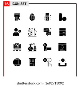 Group of 16 Modern Solid Glyphs Set for user; follow; computer; space; medicine Editable Vector Design Elements