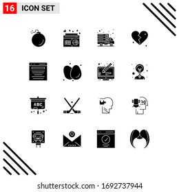 Group of 16 Modern Solid Glyphs Set for business; wedding; internet; heart; brokan Editable Vector Design Elements
