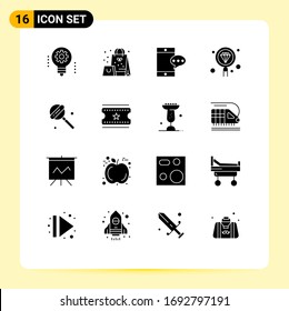 Group of 16 Modern Solid Glyphs Set for sweet; programming; surprise; development; coding Editable Vector Design Elements
