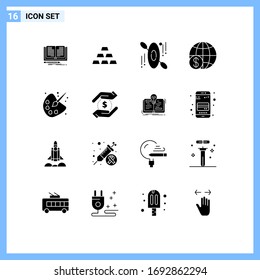 Group of 16 Modern Solid Glyphs Set for drawing; worldwide; canoe; payment; global Editable Vector Design Elements