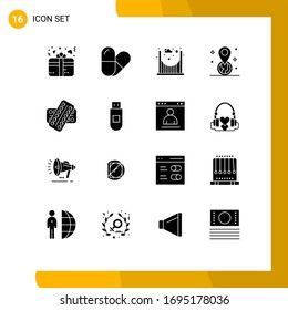 Group of 16 Modern Solid Glyphs Set for patient; drugs; passage; pill; pin Editable Vector Design Elements